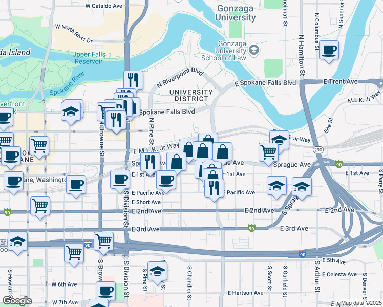 map of restaurants, bars, coffee shops, grocery stores, and more near 15 North Grant Street in Spokane