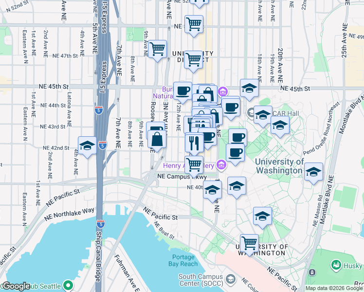 map of restaurants, bars, coffee shops, grocery stores, and more near 4126 12th Avenue Northeast in Seattle