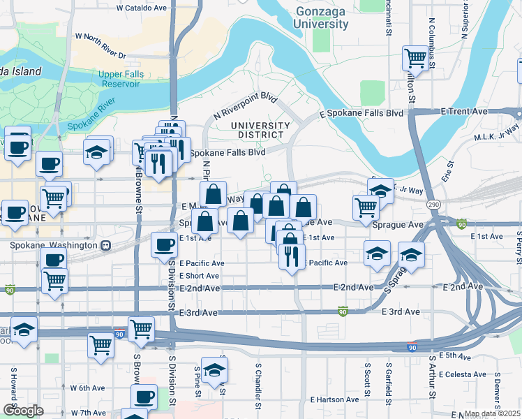 map of restaurants, bars, coffee shops, grocery stores, and more near 244 East Riverside Avenue in Spokane