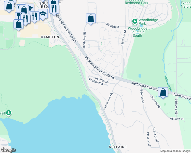 map of restaurants, bars, coffee shops, grocery stores, and more near 18617 Northeast 57th Street in Redmond