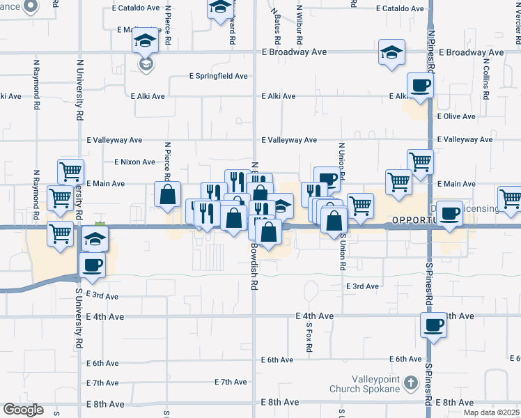 map of restaurants, bars, coffee shops, grocery stores, and more near 18 North Bowdish Road in Spokane Valley