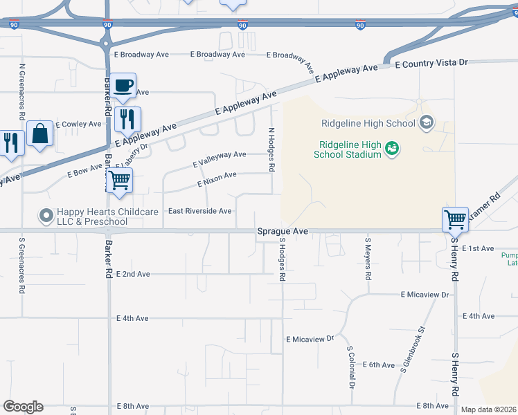 map of restaurants, bars, coffee shops, grocery stores, and more near 28 North Grady Lane in Spokane Valley