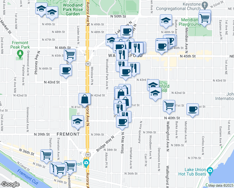 map of restaurants, bars, coffee shops, grocery stores, and more near 4140 Midvale Avenue North in Seattle