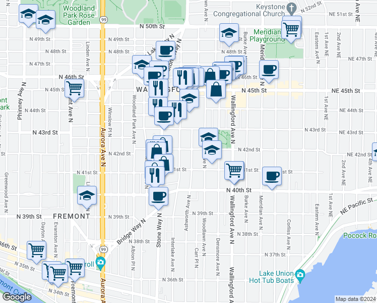 map of restaurants, bars, coffee shops, grocery stores, and more near 4135 Ashworth Avenue North in Seattle
