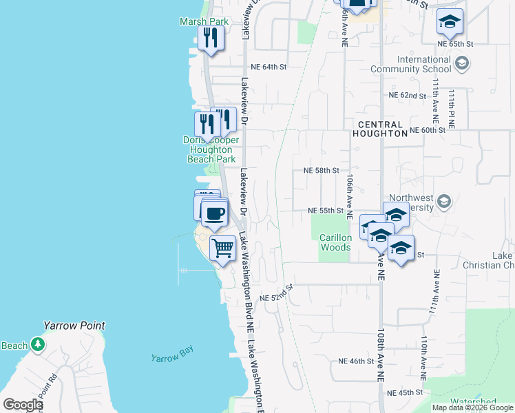 map of restaurants, bars, coffee shops, grocery stores, and more near 5604 Lakeview Drive in Kirkland