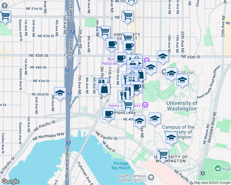 map of restaurants, bars, coffee shops, grocery stores, and more near 4139 12th Avenue Northeast in Seattle