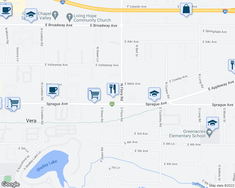 map of restaurants, bars, coffee shops, grocery stores, and more near 17 North Flora Road in Spokane Valley
