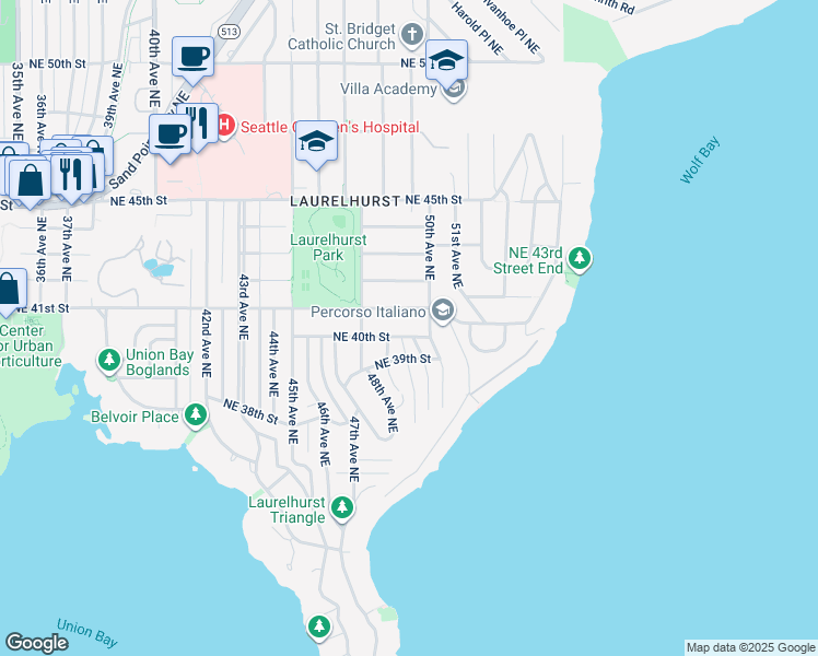 map of restaurants, bars, coffee shops, grocery stores, and more near 4840 Northeast 40th Street in Seattle