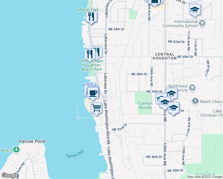map of restaurants, bars, coffee shops, grocery stores, and more near 5604 Lakeview Drive in Kirkland