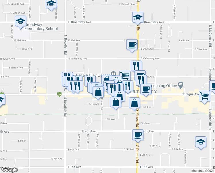 map of restaurants, bars, coffee shops, grocery stores, and more near 23 North Perrine Road in Spokane Valley