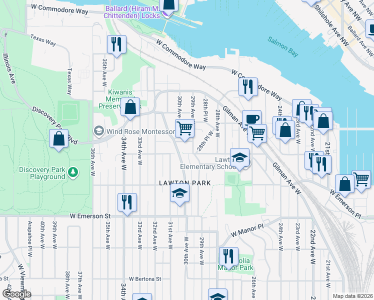 map of restaurants, bars, coffee shops, grocery stores, and more near 2910 West Elmore Street in Seattle