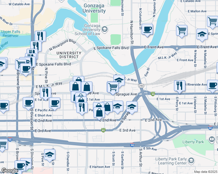 map of restaurants, bars, coffee shops, grocery stores, and more near 715 East Sprague Avenue in Spokane