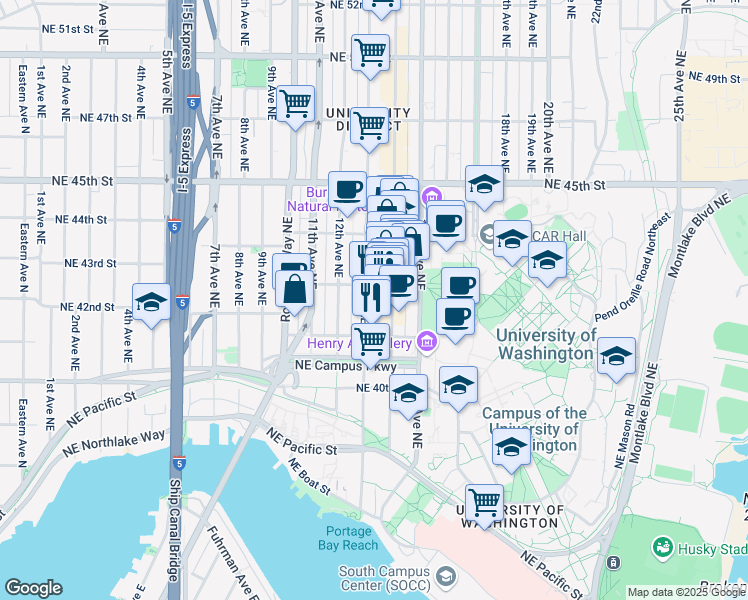 map of restaurants, bars, coffee shops, grocery stores, and more near in Seattle