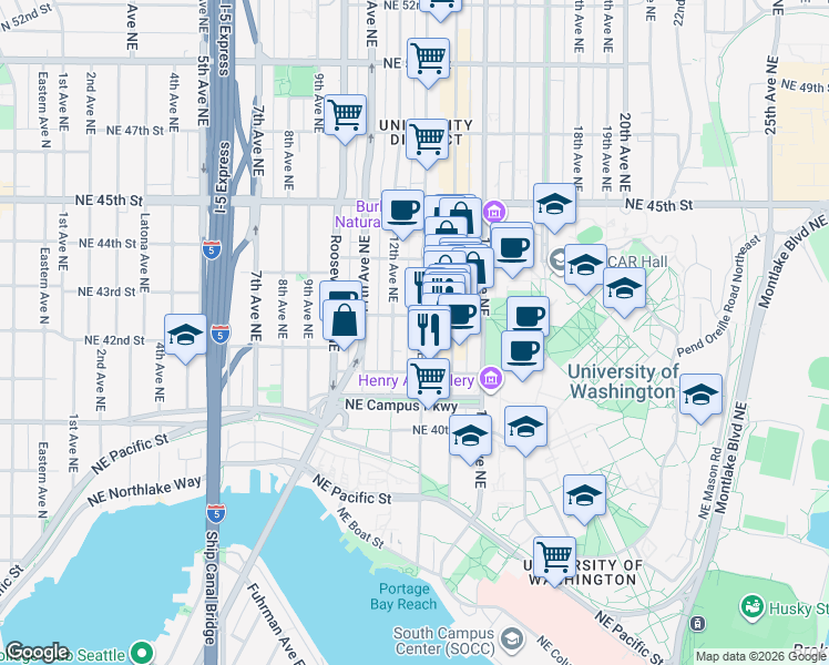map of restaurants, bars, coffee shops, grocery stores, and more near in Seattle