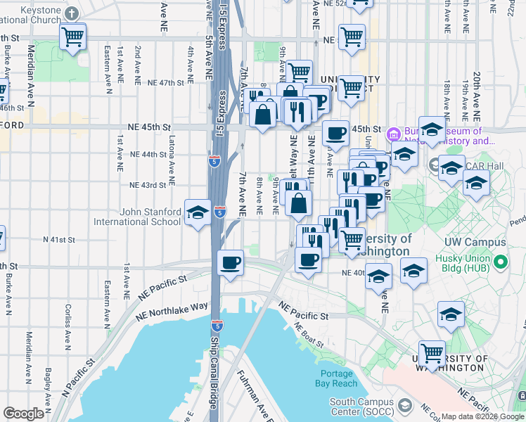 map of restaurants, bars, coffee shops, grocery stores, and more near 4217a 9th Avenue Northeast in Seattle