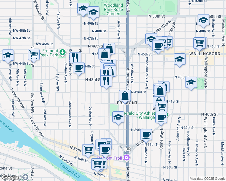 map of restaurants, bars, coffee shops, grocery stores, and more near 722 North 42nd Street in Seattle