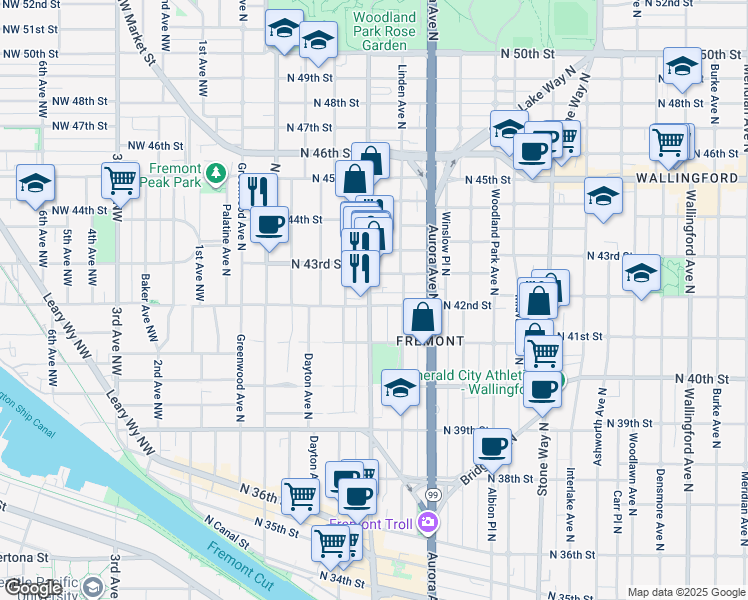 map of restaurants, bars, coffee shops, grocery stores, and more near in Seattle