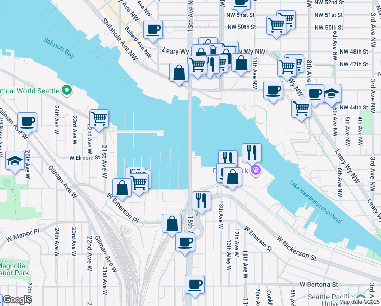 map of restaurants, bars, coffee shops, grocery stores, and more near 13 Ballard Bridge in Seattle