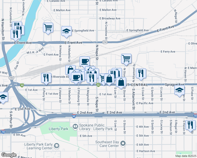 map of restaurants, bars, coffee shops, grocery stores, and more near 20 North Napa Street in Spokane