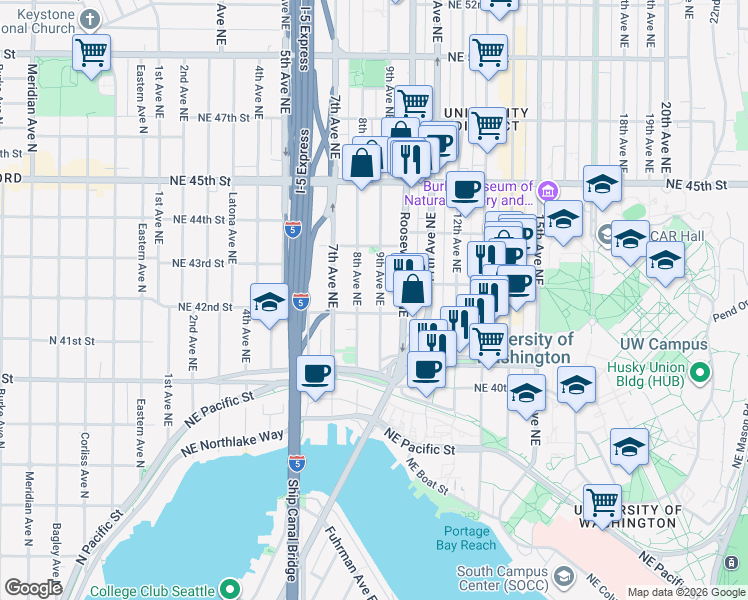 map of restaurants, bars, coffee shops, grocery stores, and more near 4217a 9th Avenue Northeast in Seattle