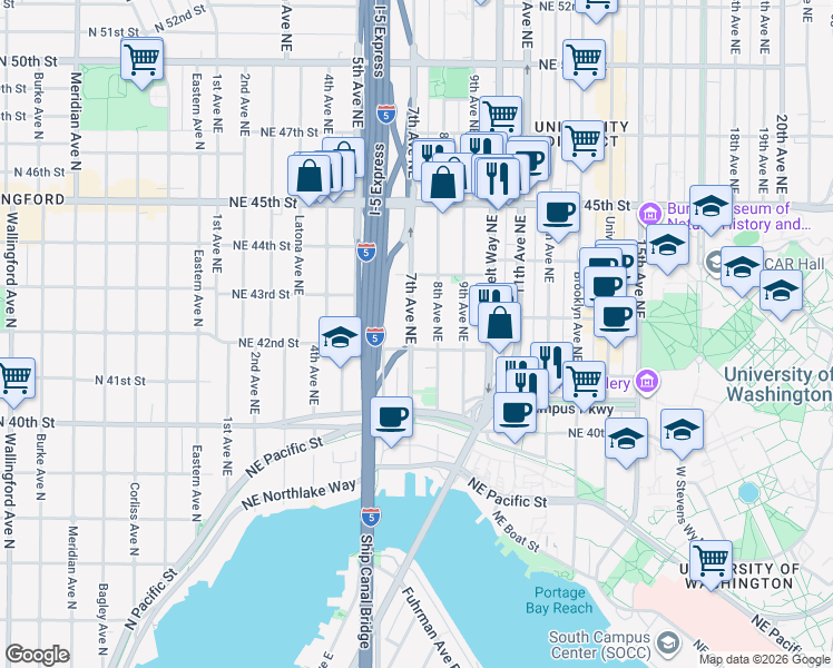 map of restaurants, bars, coffee shops, grocery stores, and more near 4210 7th Avenue Northeast in Seattle