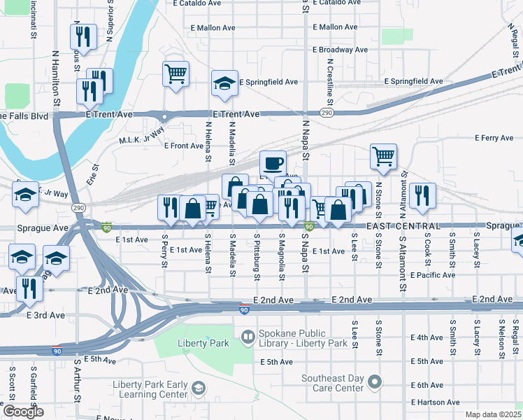 map of restaurants, bars, coffee shops, grocery stores, and more near 1802 East Riverside Avenue in Spokane