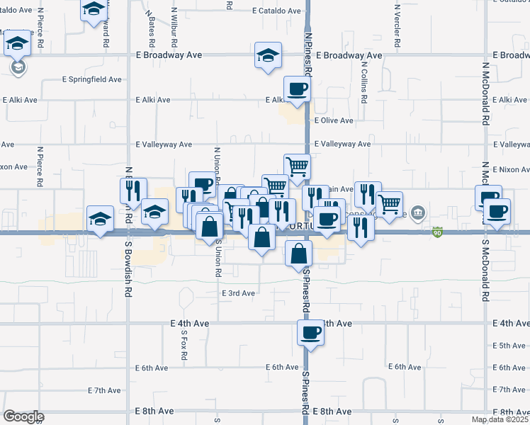 map of restaurants, bars, coffee shops, grocery stores, and more near 12109 East Sprague Avenue in Spokane Valley