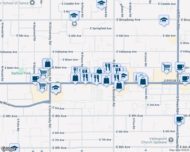 map of restaurants, bars, coffee shops, grocery stores, and more near 21 North Skipworth Road in Spokane Valley