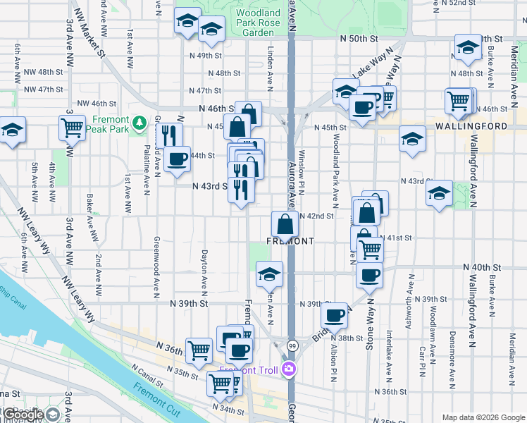 map of restaurants, bars, coffee shops, grocery stores, and more near 722 North 42nd Street in Seattle