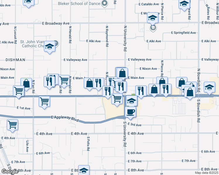 map of restaurants, bars, coffee shops, grocery stores, and more near 30 North Raymond Road in Spokane Valley