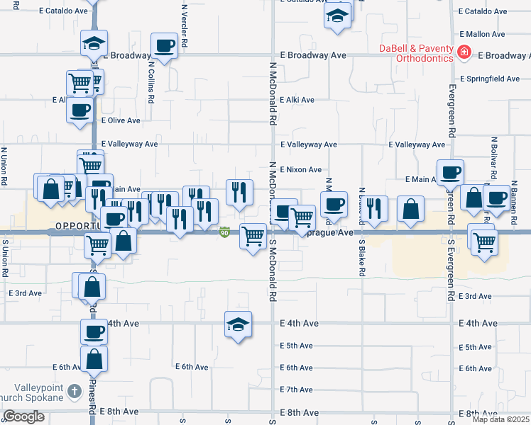 map of restaurants, bars, coffee shops, grocery stores, and more near 105 North McDonald Road in Spokane Valley
