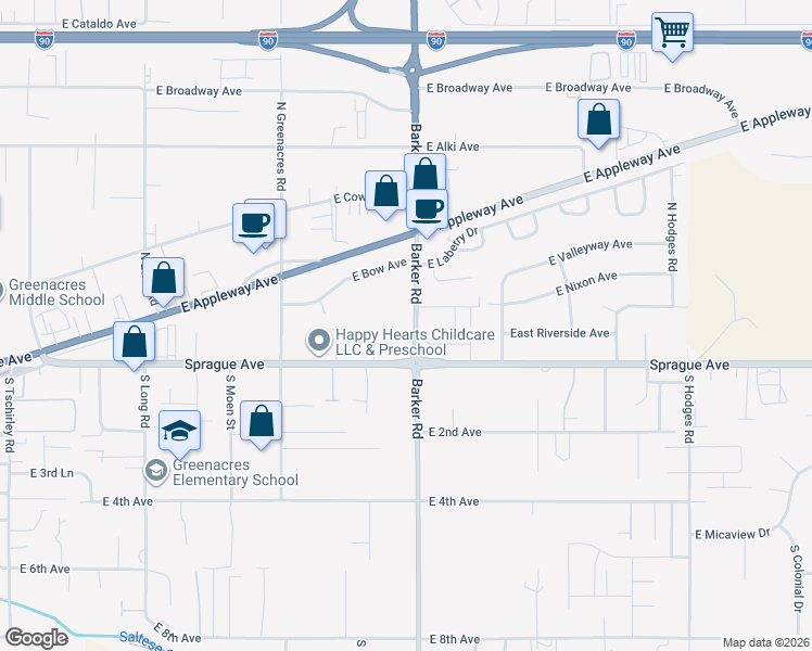 map of restaurants, bars, coffee shops, grocery stores, and more near 101 North Barker Road in Spokane Valley