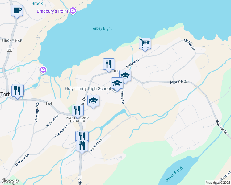 map of restaurants, bars, coffee shops, grocery stores, and more near 23 Lynchs Lane in Torbay