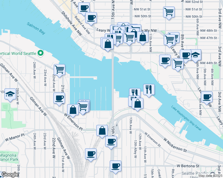 map of restaurants, bars, coffee shops, grocery stores, and more near 13 Ballard Bridge in Seattle