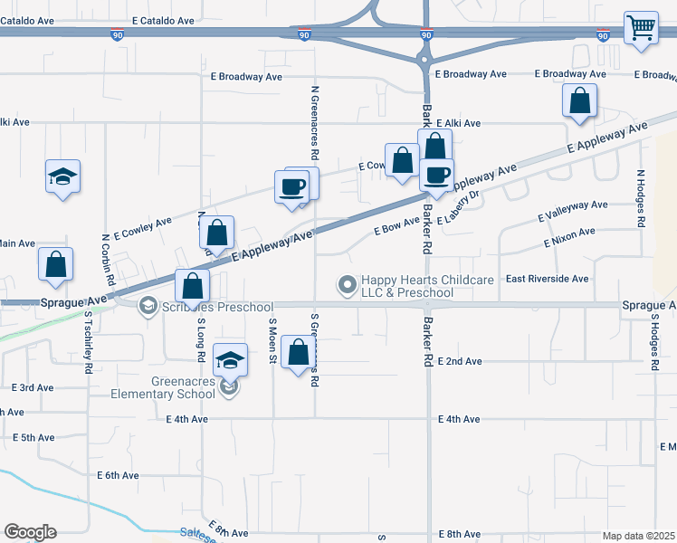 map of restaurants, bars, coffee shops, grocery stores, and more near 120 North Greenacres Road in Spokane Valley