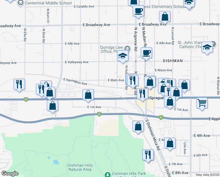 map of restaurants, bars, coffee shops, grocery stores, and more near 8800 East Harrington Avenue in Spokane Valley