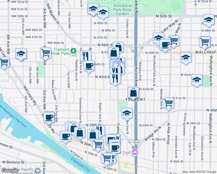 map of restaurants, bars, coffee shops, grocery stores, and more near 4203 Evanston Avenue North in Seattle