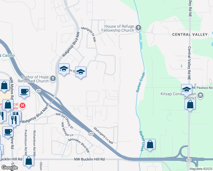 map of restaurants, bars, coffee shops, grocery stores, and more near 10943 Hillsboro Drive Northwest in Silverdale