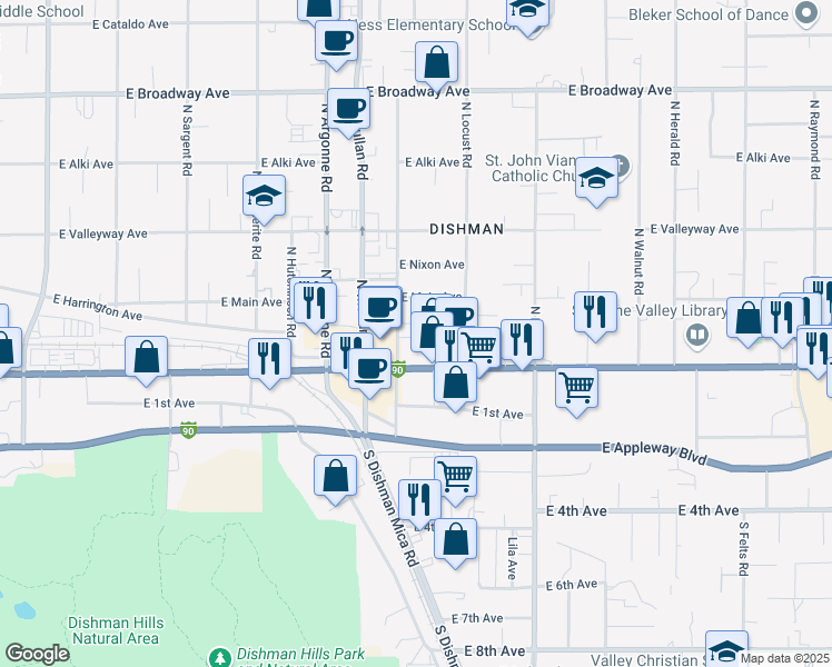 map of restaurants, bars, coffee shops, grocery stores, and more near 22 North Willow Road in Spokane Valley