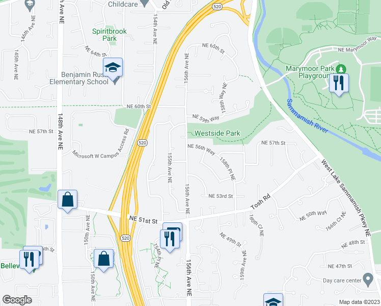 map of restaurants, bars, coffee shops, grocery stores, and more near 5516 156th Avenue Northeast in Redmond