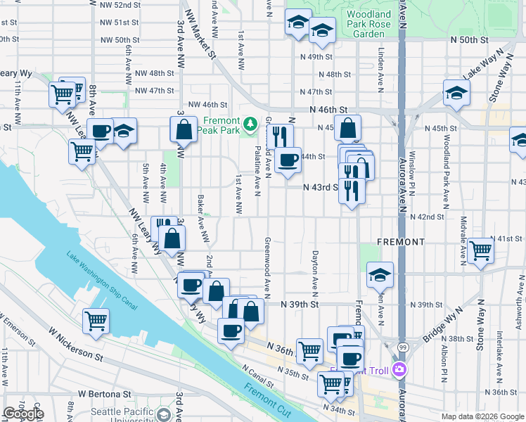 map of restaurants, bars, coffee shops, grocery stores, and more near 4209 Palatine Avenue North in Seattle