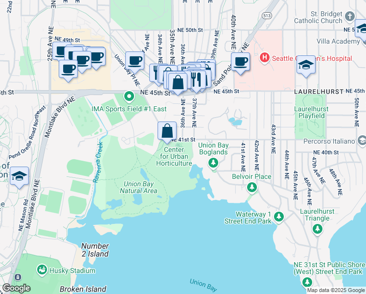 map of restaurants, bars, coffee shops, grocery stores, and more near Union Bay Circle Northeast in Seattle