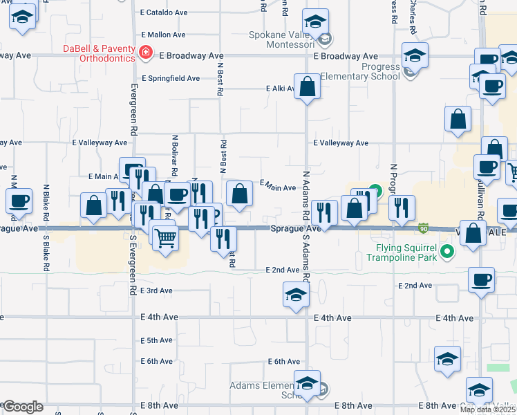 map of restaurants, bars, coffee shops, grocery stores, and more near 14505 East Sprague Avenue in Spokane Valley