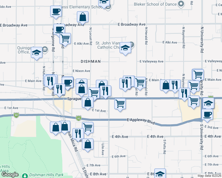 map of restaurants, bars, coffee shops, grocery stores, and more near 104 North Farr Road in Spokane Valley