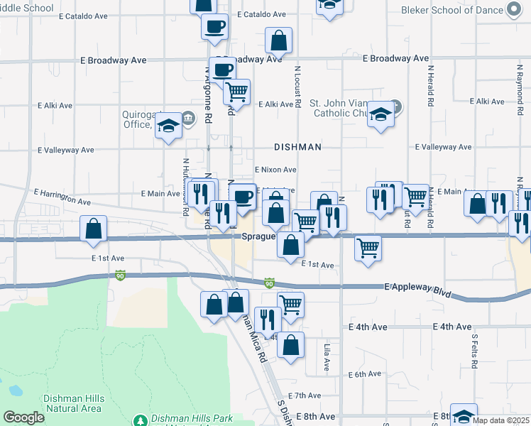 map of restaurants, bars, coffee shops, grocery stores, and more near 22 North Willow Road in Spokane Valley