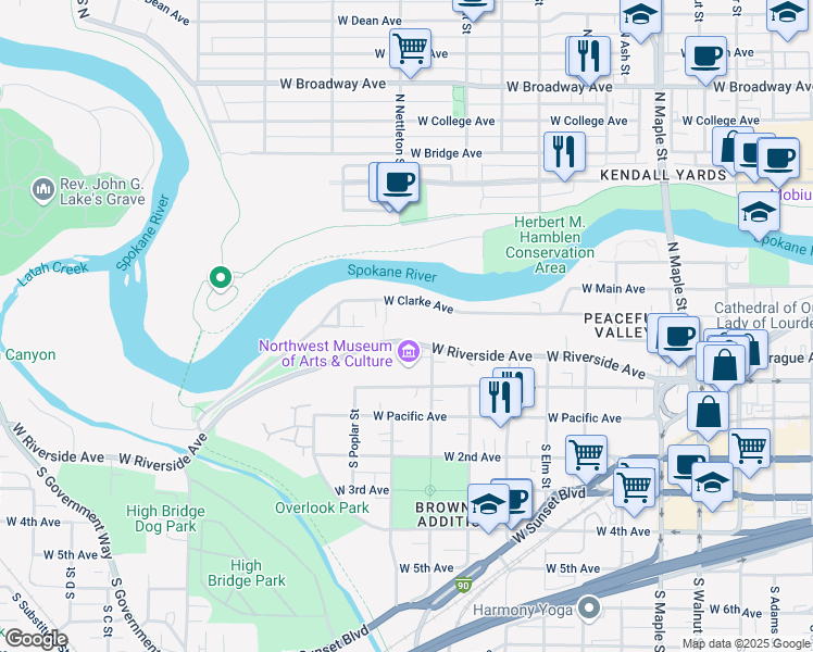 map of restaurants, bars, coffee shops, grocery stores, and more near 2222 West Riverside Avenue in Spokane
