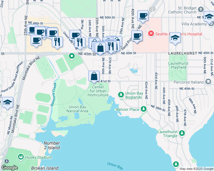 map of restaurants, bars, coffee shops, grocery stores, and more near Union Bay Circle Northeast in Seattle