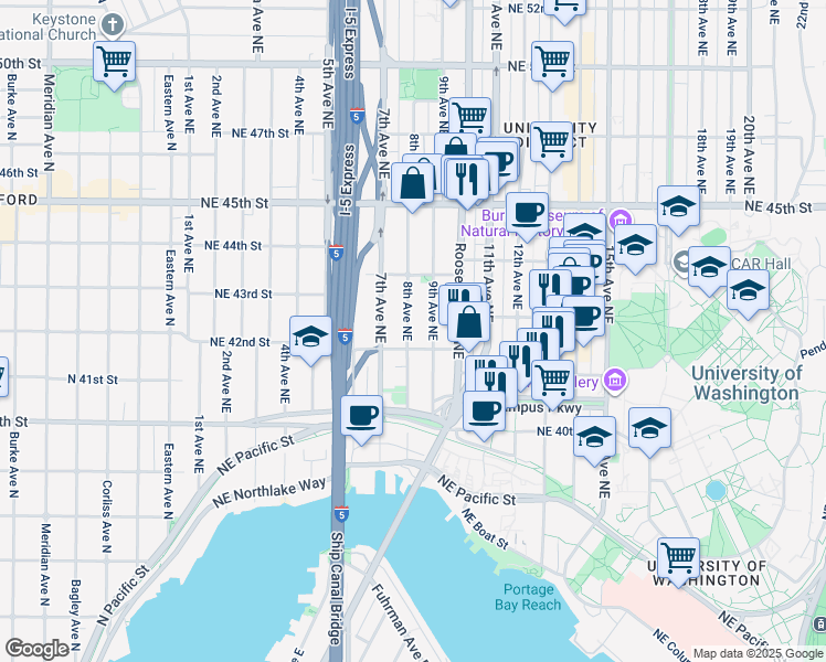 map of restaurants, bars, coffee shops, grocery stores, and more near 4217a 9th Avenue Northeast in Seattle