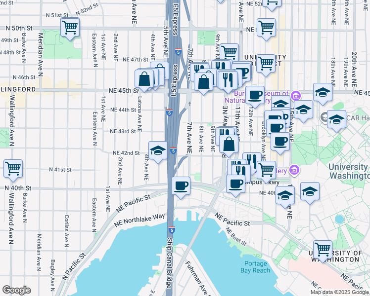 map of restaurants, bars, coffee shops, grocery stores, and more near in Seattle