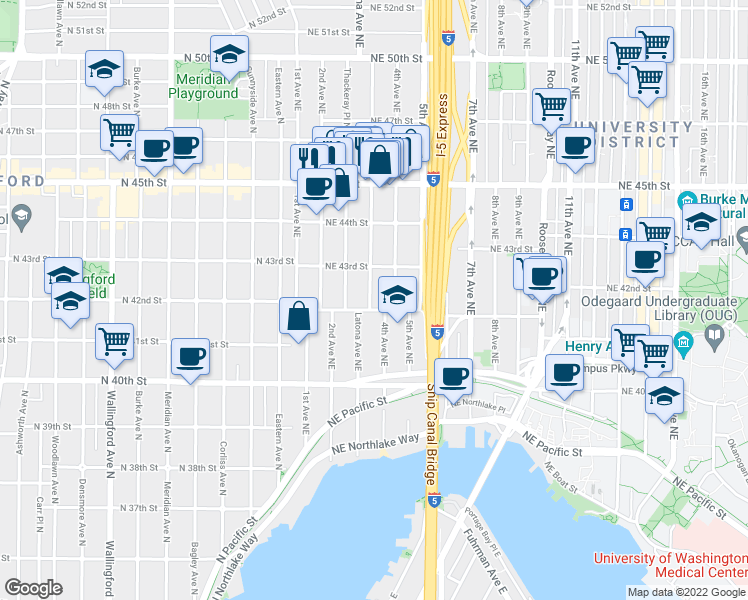 map of restaurants, bars, coffee shops, grocery stores, and more near 4202 Latona Avenue Northeast in Seattle
